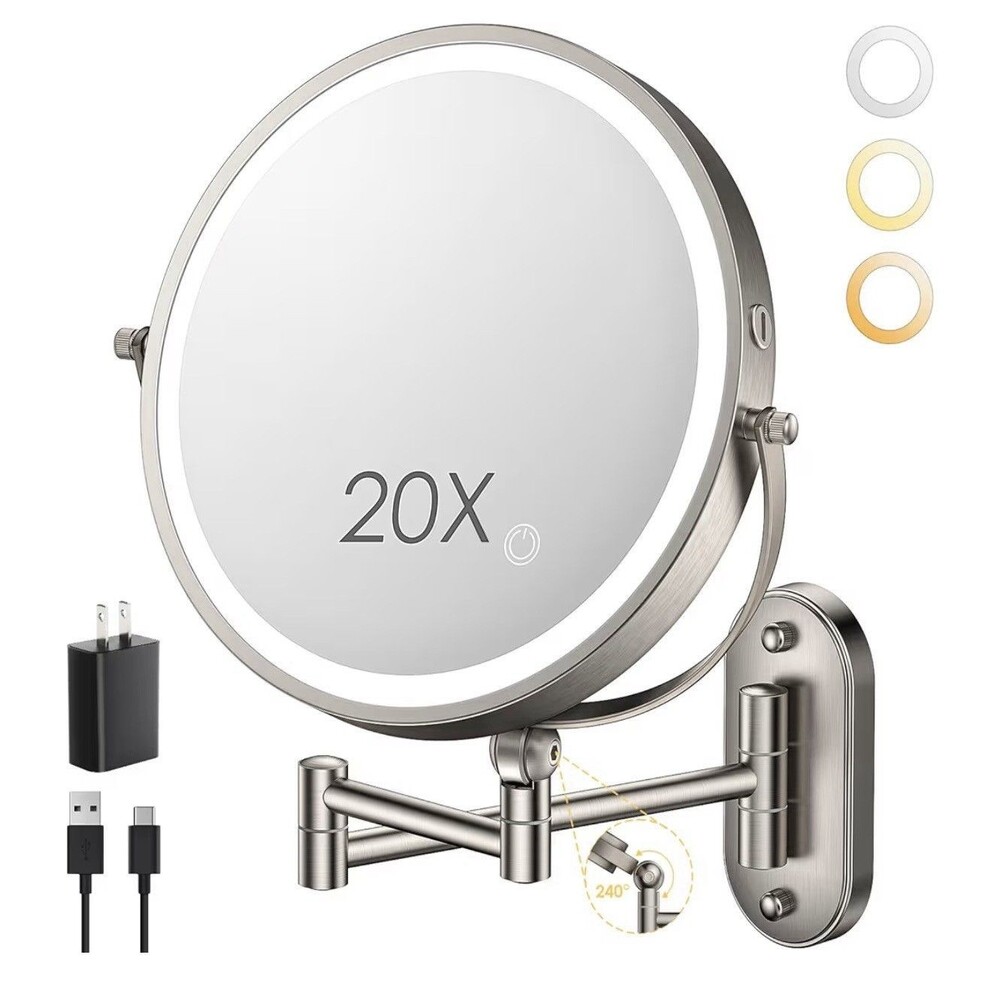 Dual-sided 1X/20X Magnification 9” Round LED Lighted Wall-Mount Mirror Nickel